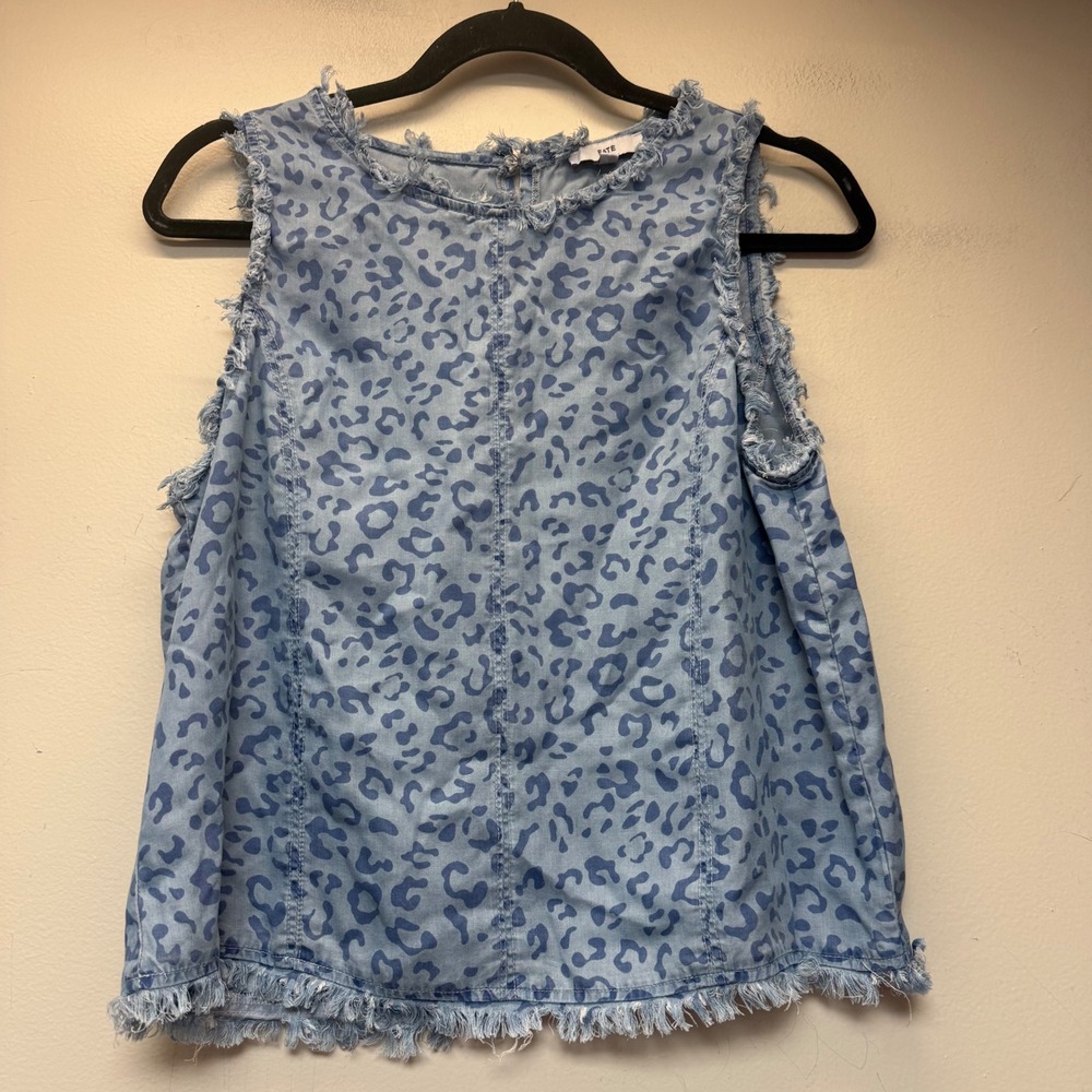 Fate‎ Tank Top Womens Small Blue Leopard Print Excellent Tencel Fringed Boho